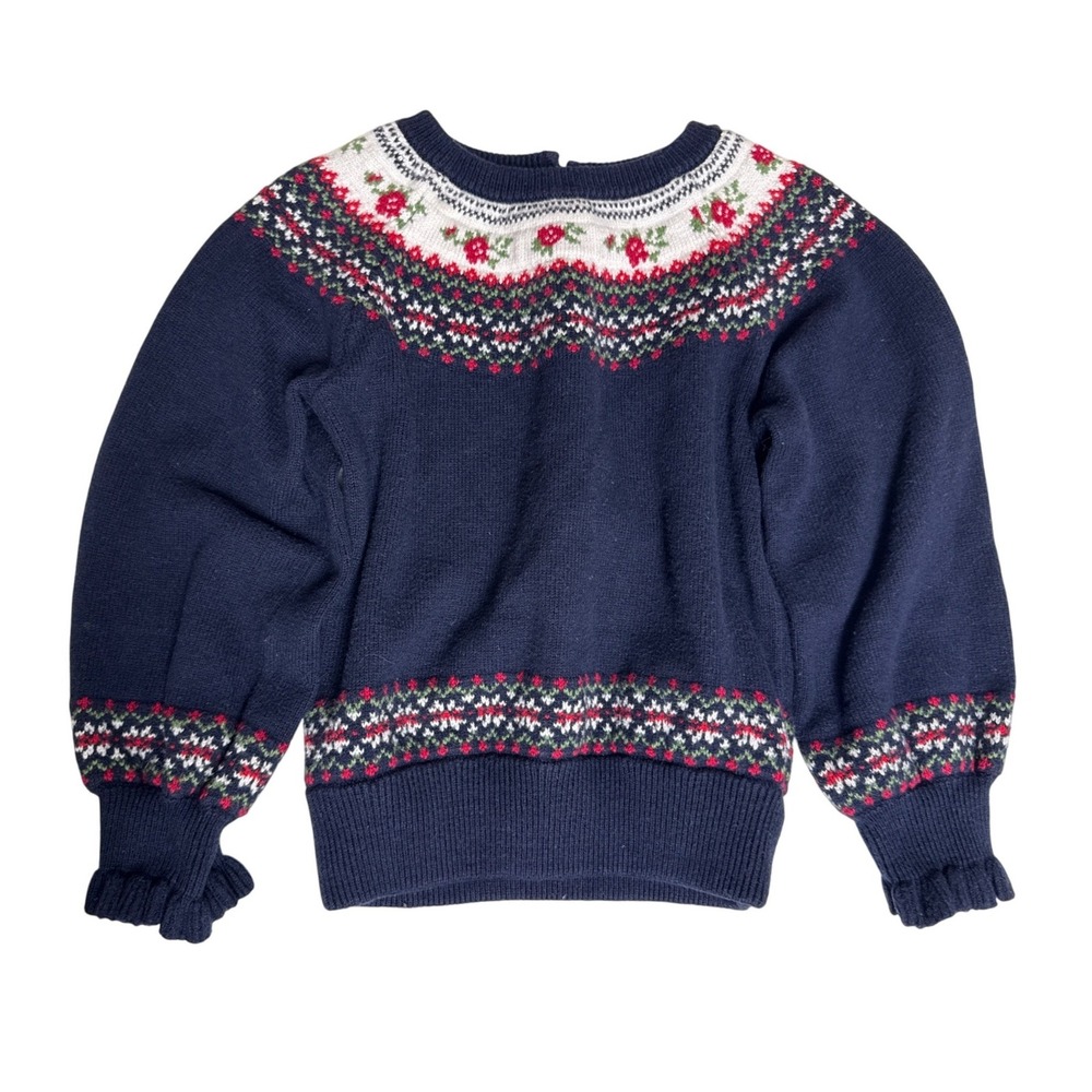 Janie and Jack Sweater Girls 4 Navy Blue Fair Isle Floral Holiday Ruffle Sleeve